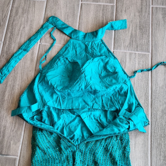 90s Turquoise Teal sequin Beaded Open Back Prom Dance Pageant Dress gown - Picture 6 of 11